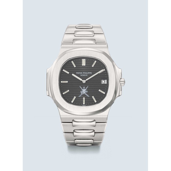 PATEK PHILIPPE. AN EXCEPTIONALLY RARE AND FINE STAINLESS STEEL AUTOMATIC WRISTWATCH WITH DATE AND BRACELET, MADE FOR THE SULTANATE OF OMAN SIGNED PATEK PHILIPPE, GENEVE, NAUTILUS 'KHANJAR' MODEL, REF. 3700/1, MOVEMENT NO. 1'304'952, CASE NO. 536'200, MANUFACTURED IN 1978