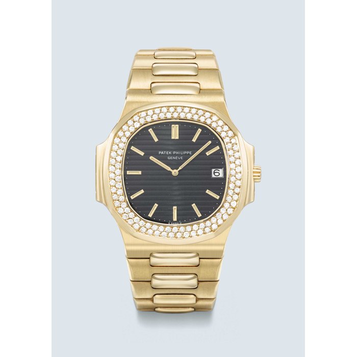PATEK PHILIPPE. A VERY RARE AND ATTRACTIVE 18K GOLD AND DIAMOND-SET WRISTWATCH WITH GAY FRERES 18K GOLD BRACELET SIGNED PATEK PHILIPPE, GENEVE, NAUTILUS MODEL, REF. 3700/3, MOVEMENT NO. 1'308'060, CASE NO. 555'024, MANUFACTURED IN 1981