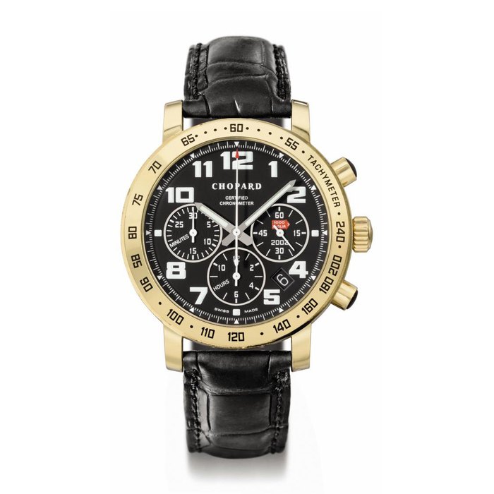 Chopard. An 18K gold limited edition automatic chronograph wristwatch with date SIGNED CHOPARD, CERTIFIED CHRONOMETER, 1000 MIGLIA, NO. 057/250, REF. 1254, MOVEMENT NO. 0'010'801, CASE NO. 939'093, MANUFACTURED IN 2002