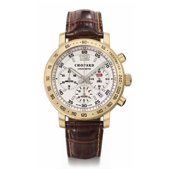 Chopard. An 18K gold limited edition chronograph wristwatch with date SIGNED CHOPARD, CHRONOMETER, 2003, MILLE MIGLIA MODEL, NO. 065/250, REF. 1257, CASE NO. 974'130, MANUFACTURED IN 2004