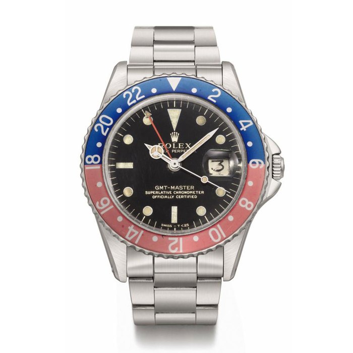 Rolex. A stainless steel automatic dual time wristwatch with sweep centre seconds, date, bracelet and pointed crown guards SIGNED ROLEX, OYSTER PERPETUAL, GMT-MASTER, SUPERLATIVE CHRONOMETER OFFICIALLY CERTIFIED, REF. 1675, CASE NO. 503'587, MANUFACTURED IN 1959