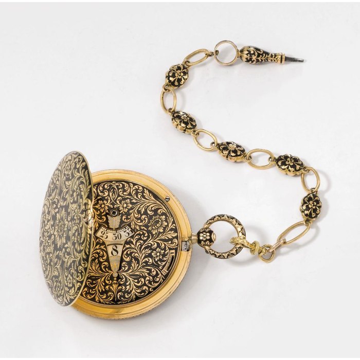 Anon. A fine 18K gold and enamel ultra slim hunter case jump hour cylinder watch with matching chain and key UNSIGNED, NO. 44'636, CIRCA 1840