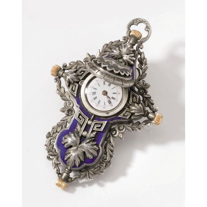 Anon. An unusual and rare silver and enamel crucifix pendant watch UNSIGNED, CIRCA 1870