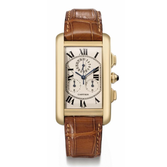 Cartier. A large 18K gold rectangular curved chronograph wristwatch with date SIGNED CARTIER, TANK AMERICAINE MODEL, REF. 1730, CASE NO. 266139CD, CIRCA 2000