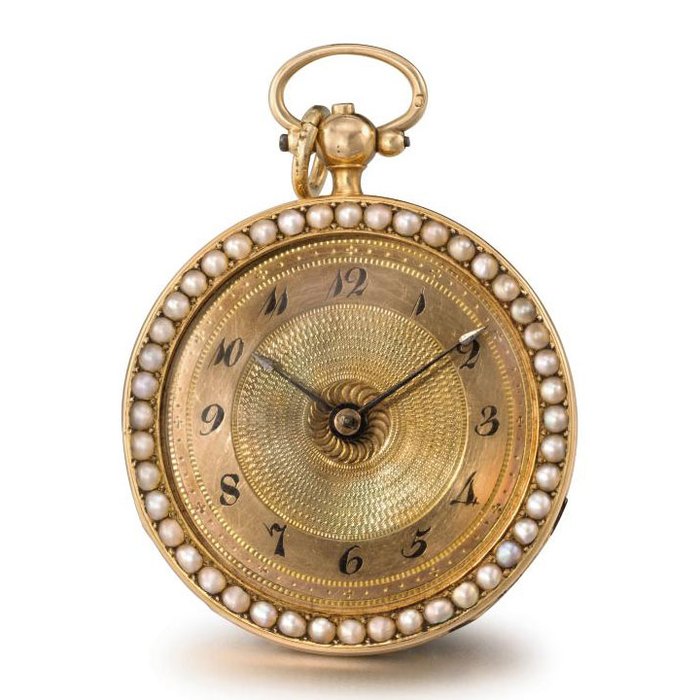 Mallet and attributed to Henry Capt. A small, rare and unusual 18K pink gold and pearl-set openface musical cylinder watch, made for the Chinese Market SIGNED L. MALLET À PARIS, CIRCA 1820