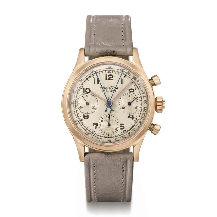 Breitling. A fine and rare 18K pink gold split seconds chronograph wristwatch with two-tone silvered dial and registers SIGNED BREITLING, PREMIER, REF. 788, CASE NO. 593'608, MANUFACTURED IN 1945