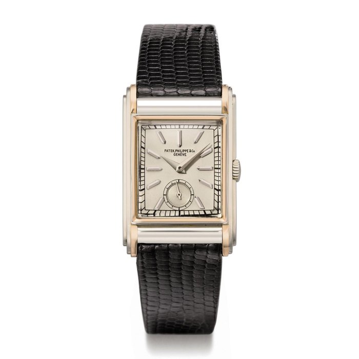 Patek Philippe. A fine, rare and attractive 18K white and pink gold rectangular wristwatch with triple stepped sides SIGNED PATEK PHILIPPE & CO., GENÈVE, MOVEMENT NO. 822'409, CASE NO. 609'252, MANUFACTURED IN 1929