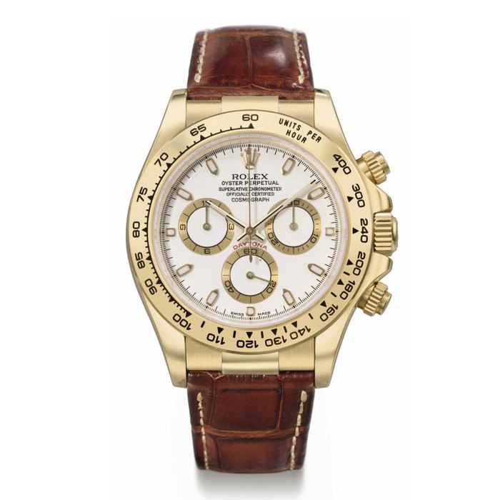 Rolex. An 18K gold automatic chronograph wristwatch SIGNED ROLEX, OYSTER PERPETUAL, COSMOGRAPH, DAYTONA, REF. 116518, CASE NO. K448828, MANUFACTURED IN 2001