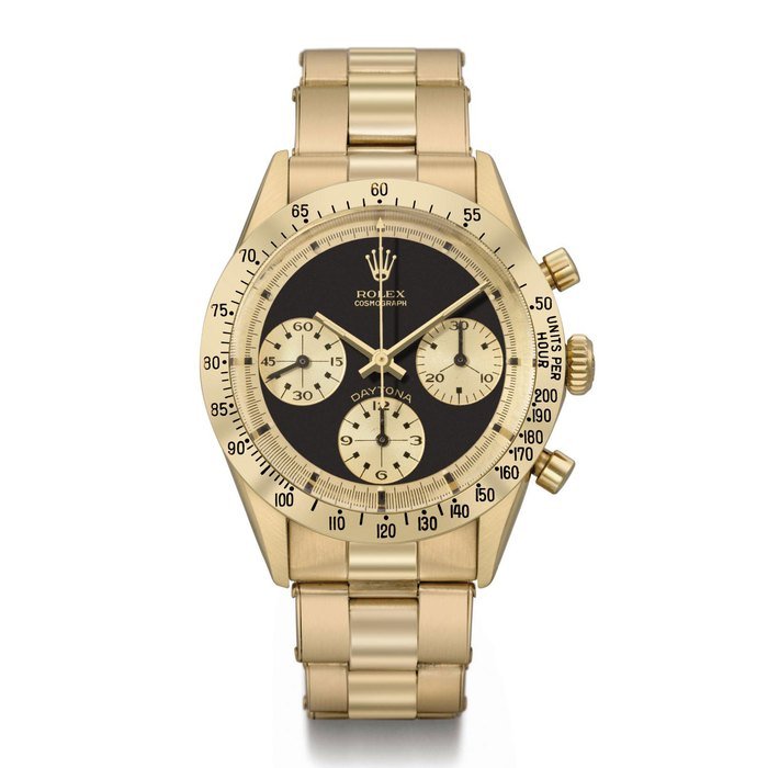 Rolex Rolex. A rare and attractive 18K gold chronograph wristwatch with black dial and bracelet SIGNED ROLEX, COSMOGRAPH DAYTONA, PAUL NEWMAN MODEL, REF. 6239, CASE NO. 1'757'920, MANUFACTURED IN 1968 · 6239