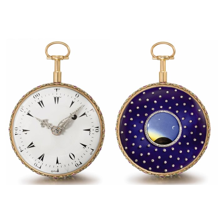 Daniel Vaucher. A probably unique, impressive and magnificent, large and heavy 18K two colour gold, enamel, diamond, emerald and ruby-set verge watch with fitted box, made for the Turkish Market SIGNED VAUCHEZ EN LA CITÉ A PARIS, NO. 1021, STAMPED WITH PARIS DATE LETTER FOR 1783
