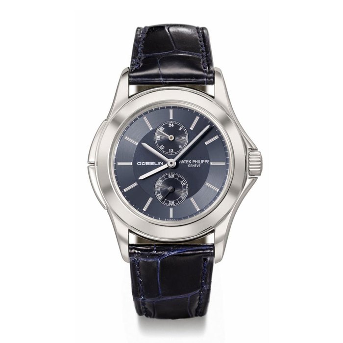 Patek Philippe. A fine 18K white gold limited edition dual time wristwatch with blue dial and original certificate, made for the 150th anniversary of Gübelin SIGNED PATEK PHILIPPE, GENEVE, GÜBELIN 1854 - 2004, CALATRAVA TRAVEL TIME MODEL, REF. 5134, MOVEMENT NO. 3'087'408, CASE NO. 4'254'996, MANUFACTURED IN 2004