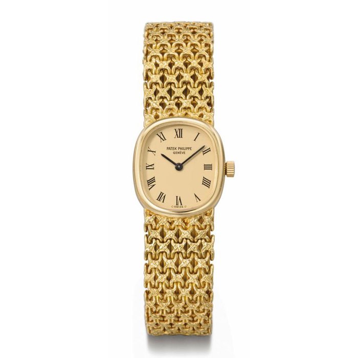 Patek Philippe. A lady's 18K gold oval wristwatch with bracelet and Certificate of Origin SIGNED PATEK PHILIPPE, GENÈVE, GOLDEN ELLIPSE MODEL, REF. 4201/4, MOVEMENT NO. 1'266'298, CASE NO. 2'723'542, MANUFACTURED IN 1973