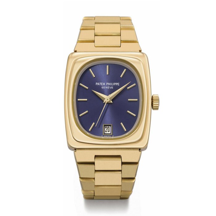 Patek Philippe. A rare 18K gold rectangular electronic wristwatch with sweep centre seconds, date, hidden lugs and bracelet SIGNED PATEK PHILIPPE, GENÈVE, GRANDE ELLIPSE MODEL, REF. 3603, MOVEMENT NO. 8'184, CASE NO. 2'732'449, MANUFACTURED IN 1974