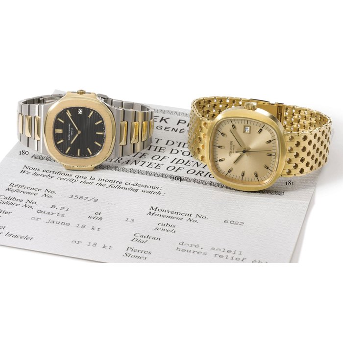 Patek Philippe. A rare and unusual oversized 18K gold cushion-shaped electronic wristwatch with sweep centre seconds, date, bracelet and Certificate of Origin SIGNED PATEK PHILIPPE, GENÈVE, REF. 3587/2, MOVEMENT NO. 6'022, CASE NO. 2'699'533, MANUFACTURED IN 1972