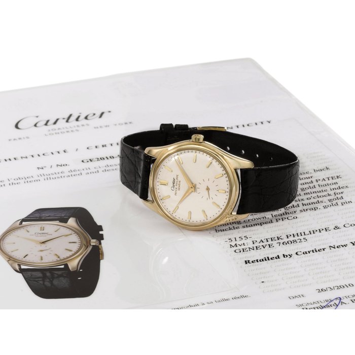 Patek Philippe. An extremely fine and rare 18K gold automatic wristwatch with enamel dial and Cartier Certificate SIGNED PATEK PHILIPPE, GENÈVE, RETAILED BY CARTIER, REF. 2526, MOVEMENT NO. 760'825, CASE NO. 682'834, HAND-STAMPED WITH CARTIER REFERENCE NO. 5155, MANUFACTURED IN 1954