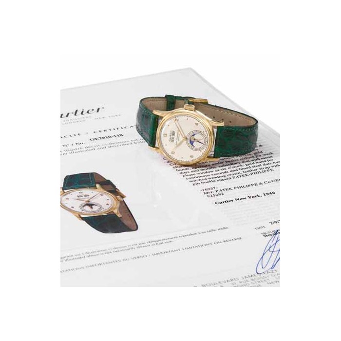 Patek Philippe. A very fine and rare 18K gold perpetual calendar wristwatch with moon phases SIGNED PATEK PHILIPPE & CO., GENÈVE, RETAILED BY CARTIER, REF. 1526, MOVEMENT NO. 925'282, CASE NO. 635'702, CARTIER REFERENCE NO. 16257, MANUFACTURED IN 1944