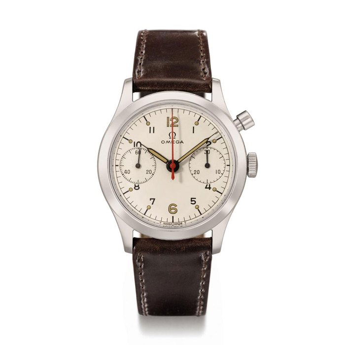 Omega. A rare stainless steel single button chronograph wristwatch with hack feature and white dial, made for the Royal Canadian Air Force SIGNED OMEGA, REF. 34/62 (LÉMANIA), MOVEMENT NO. 1'473'403, MANUFACTURED IN 1960