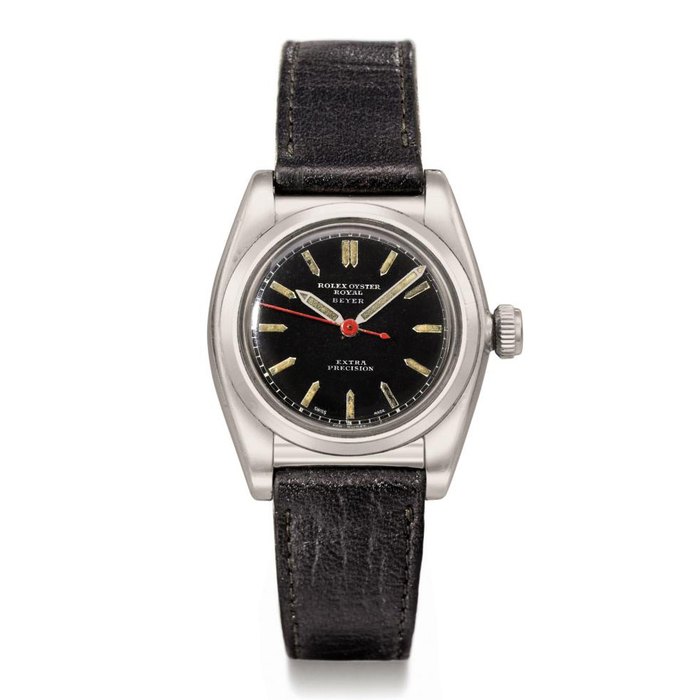 Rolex. A stainless steel bubble-back-type wristwatch with sweep centre seconds and black lacquer dial SIGNED ROLEX, OYSTER ROYAL, EXTRA PRECISION, RETAILED BY BEYER, CASE NO. 70'366, CIRCA 1935