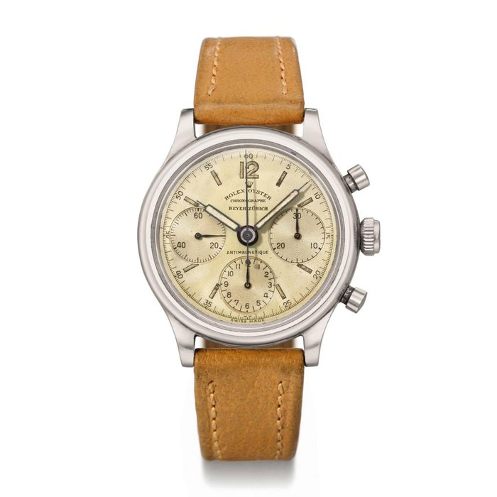 Rolex. A very fine and extremely rare stainless steel chronograph wristwatch SIGNED ROLEX, OYSTER, CHRONOGRAPHE, ANTIMAGNETIQUE, RETAILED BY BEYER, ZÜRICH, REF. 4048, CASE NO. 206'264, MANUFACTURED IN 1942