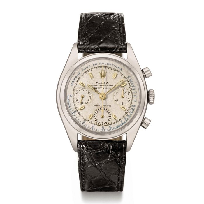 Rolex. A fine and rare stainless steel chronograph wristwatch with pulsation scale SIGNED ROLEX, OYSTER CHRONOGRAPHE, ANTI-MAGNETIQUE, RETAILED BY SERPICO Y LAINO, REF. 6034, CASE NO. 847'414, MANUFACTURED IN 1951
