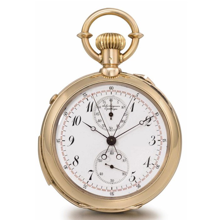 Jules Jürgensen. A fine and rare 18K pink gold openface minute repeating split seconds chronograph keyless lever watch SIGNED JULES JÜRGENSEN, COPENHAGEN, NO. 15301, MANUFACTURED IN 1899