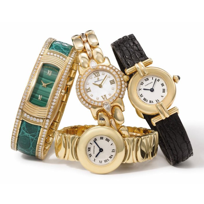 Mauboussin, Piaget, Cartier and Bertolucci. A lot of five lady's 18K gold wristwatches SIGNED MAUBOUSSIN, NO. 2 G, PIAGET, QUARTZ, CARTIER, QUARTZ, BERTOLUCCI, ALL CIRCA 1995