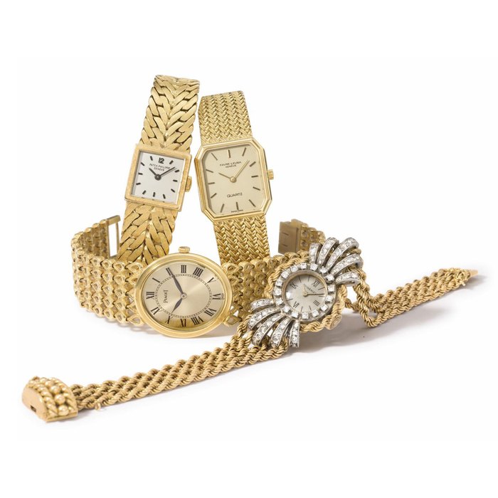 Patek Philippe, Piaget, Favre-Leuba. A lot of three lady's 18K gold wristwatches with bracelets and one lady's 18K gold, platinum and diamond-set wristwatch with bracelet SIGNED PATEK PHILIPPE, GENÈVE, REF. 3285, MOVEMENT NO. 987'959, CASE NO. 2'647'759, MANUFACTURED IN 1966; PIAGET, REF. 9821 N 61, MOVEMENT NO. 706'035, CASE NOS. 184'979 AND 87, MANUFACTURED IN 1970; FAVRE-LEUBA, GENÈVE, QUARTZ, CASE NOS. 0586 21 AND 27, CIRCA 1955; SWISS/FRENCH, VACHERON CONSTANTIN MOVEMENT NO. 482'432, MANUFA