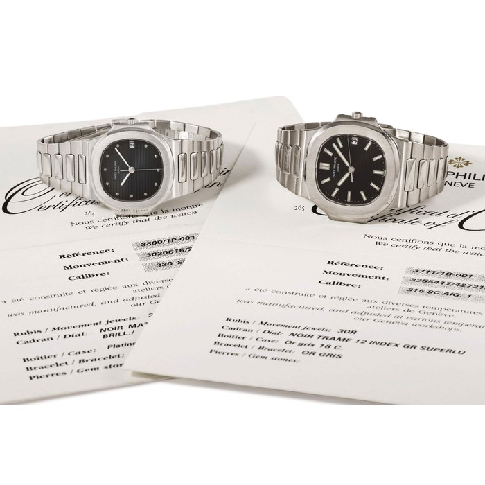 Patek Philippe. A fine platinum and diamond-set automatic wristwatch with sweep centre seconds, date, bracelet and original certificate SIGNED PATEK PHILIPPE, GENEVE, NAUTILUS MODEL, REF. 3800/1, MOVEMENT NO. 3'020'616, CASE NO. 2'990'801, MANUFACTURED IN 1995