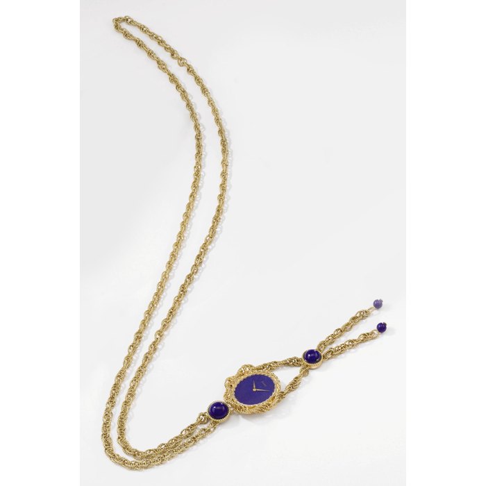 Piaget. A lady's unusual and rare 18K gold and lapis lazuli-set necklace watch SIGNED PIAGET, REF. 6865 P 69, CASE NO. 204'345, MANUFACTURED IN 1971