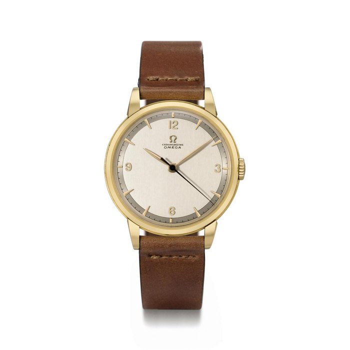 Omega. A large and attractive 18K gold wristwatch with sweep centre seconds and two-tone silvered dial SIGNED OMEGA, CHRONOMÈTRE, REF. OT 14142, MOVEMENT NO. 11'060'016, CASE NOS. 14'163 AND 10'824'006, MANUFACTURED IN 1949