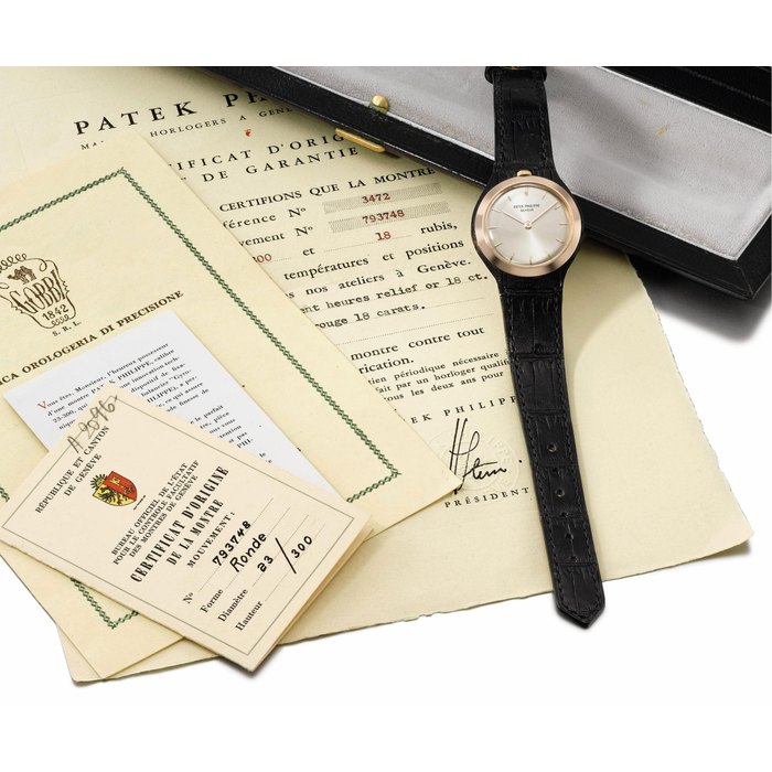Patek Philippe. A fine, rare and unusual 18K pink gold wristwatch with crown to 12 o'clock, original certificates and box SIGNED PATEK PHILIPPE, GENÈVE, REF. 3472, MOVEMENT NO. 793'748, CASE NO. 2'632'608, MANUFACTURED IN 1963