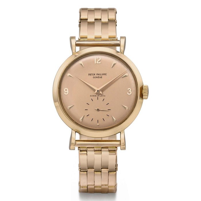Patek Philippe. A fine, rare and large 18K pink gold wristwatch with pink dial and bracelet SIGNED PATEK PHILIPPE, GENÈVE, RETAILED BY GOBBI MILANO, REF. 2459, MOVEMENT NO. 938'591, CASE NO. 667'850, MANUFACTURED IN 1952