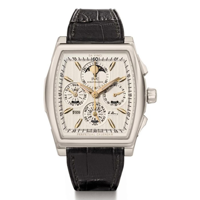 IWC. A fine, rare and large stainless steel tonneau-shaped automatic limited edition perpetual calendar chronograph wristwatch with moon phases SIGNED IWC, SCHAFFHAUSEN, DA VINCI PERPETUAL CALENDAR, EDITION KURT KLAUS, NO. 0491/3000, REF. 3762, CASE NO. 3'422'517, CIRCA 2008