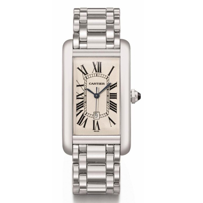 Cartier. An 18K white gold rectangular curved automatic wristwatch with sweep centre seconds, date and bracelet SIGNED CARTIER, AUTOMATIC, TANK AMERICAINE MODEL, REF. W26032L1/1741, CASE NO. C101215, CIRCA 2000
