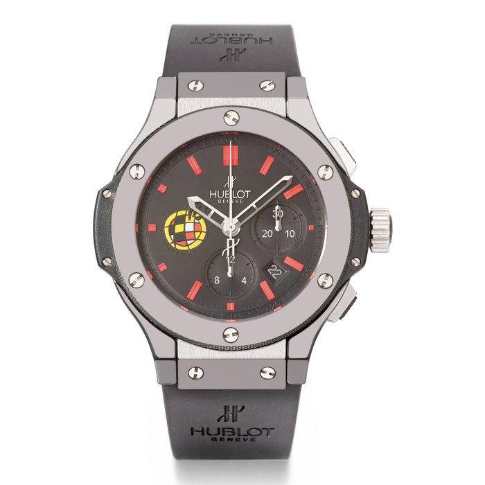 Hublot Hublot. A large black ceramic, titanium and Kevlar limited edition automatic chronograph wristwatch with date, made for the Spanish Football Federation SIGNED HUBLOT, GENEVE, BIG BANG MODEL, SPANISH FOOTBALL FEDERATION EDITION (FEDERACION ESPANOLA DE FUTBOL, FEF), NO. 239/250, REF. 301, CASE NO. 713'764, MANUFACTURED IN 2008, Price & Market Data