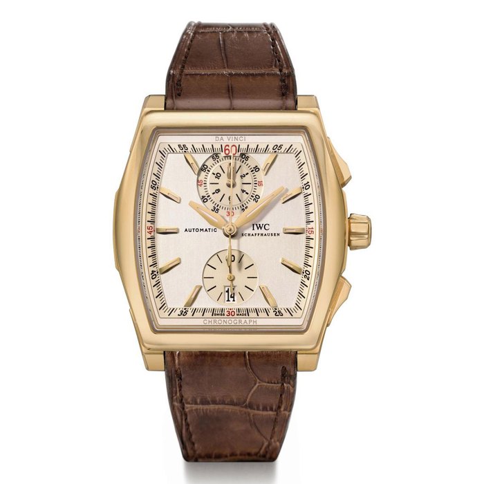 IWC. A large 18K pink gold automatic flyback chronograph wristwatch with date and two-tone silvered dial SIGNED IWC, SCHAFFHAUSEN, DA VINCI, REF. 3764, MOVEMENT NO. 3'001'953, CASE NO. 3'351'625, CIRCA 2007