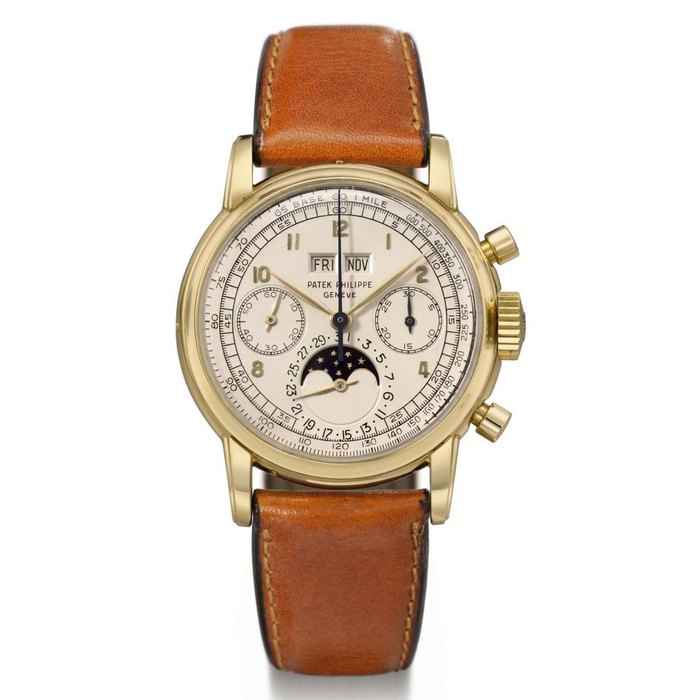 Patek Philippe. An extremely fine and rare 18K gold perpetual calendar chronograph wristwatch with moon phases SIGNED PATEK PHILIPPE, GENÈVE, REF. 2499, MOVEMENT NO. 868'557, CASE NO. 696'499, MANUFACTURED IN 1956