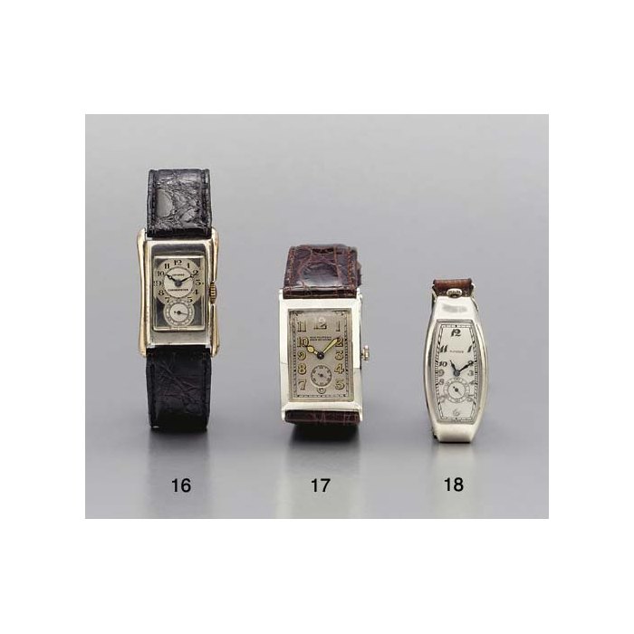 Patek Philippe. A fine and rare 18K white gold curved rectangular hinged wristwatch SIGNED PATEK PHILIPPE & CO., GENEVA, SWITZERLAND, MOVEMENT NO. 820460, CASE NO. 607218, CIRCA 1929