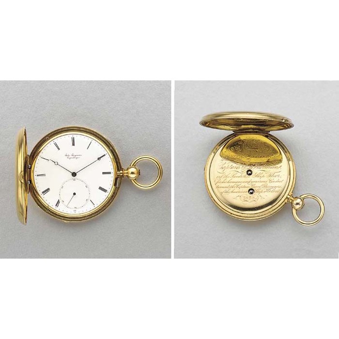 Jules Jurgensen. A fine and historic 18K gold hunter case keywound lever watch presented to Captain P.E. Westman of the Swedish ship Thor by President James Buchanan SIGNED JULES JURGENSEN, COPENHAGEN, NO. 7617, CIRCA 1858
