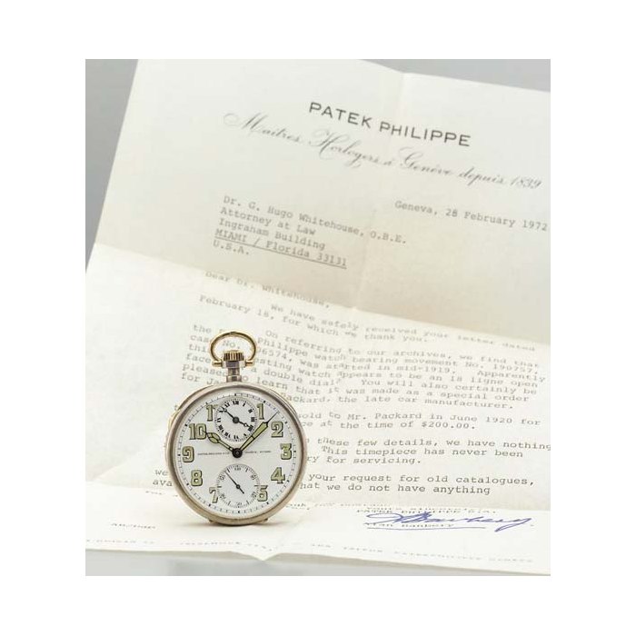 Patek Philippe. A fine and very rare silver and gold openface dual time zone keyless lever watch made for James Ward Packard SIGNED PATEK PHILIPPE & CIE., GENEVE, SUISSE, MOVEMENT NO. 190757, CIRCA 1919