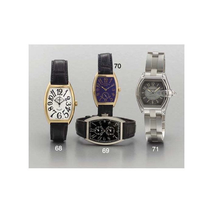 Franck Muller. An 18K gold tonneau-shaped self-winding wristwatch with sweep center seconds SIGNED FRANCK MULLER, GENEVE, SUNSET, NO. 201, REF. 6850 SC, CIRCA 1998
