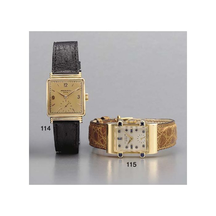 Patek Philippe. A fine and rare 18K pink gold square-shaped wristwatch with unusual ribbed hooded lugs SIGNED PATEK PHILIPPE & CO., GENEVE, MOVEMENT NO. 950866, CASE NO. 645945, CIRCA 1946