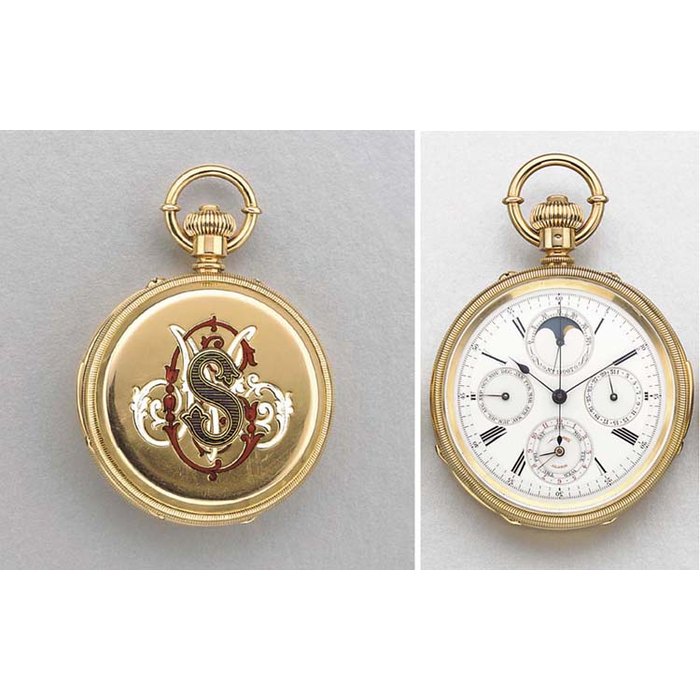 Swiss. A rare and important 18K gold and enamel openface two train perpetual calendar five minute repeating chronograph keyless lever watch with phases of the moon and alarm UNSIGNED, CASE MAKERS STAMP AF & CIE, CIRCA 1876