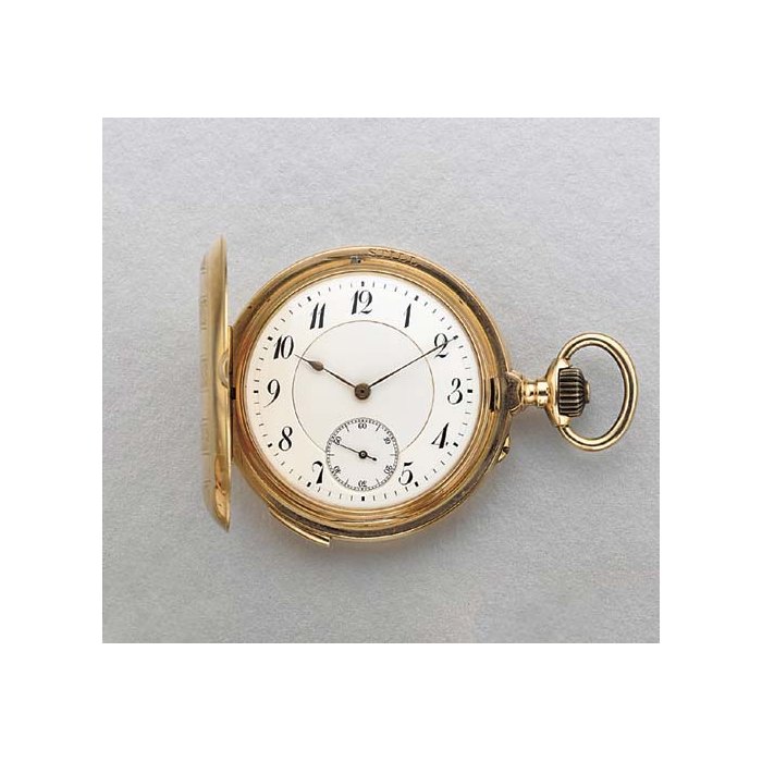 Swiss. A 14K gold hunter case two train minute repeating grande sonnerie keyless lever watch UNSIGNED, CIRCA 1900