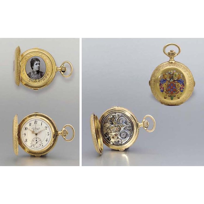 Swiss. A fine 18K gold and enamel hunter case two train minute repeating chronograph keyless lever clock watch with carillon RETAILED BY LA ESMERALDA, MEXICO, PARIS, CIRCA 1880
