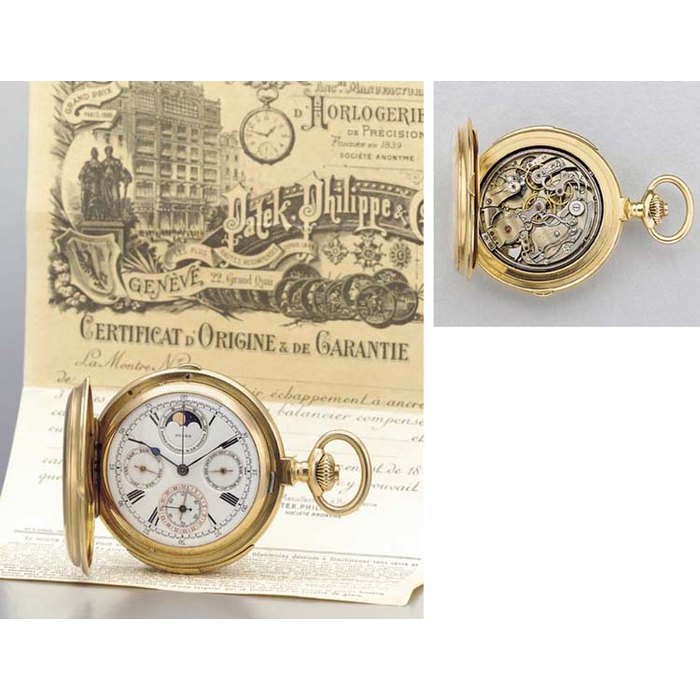 Patek Philippe. A rare and important 18K pink gold hunter case perpetual calendar minute repeating chronograph keyless lever watch with phases of the moon SIGNED PATEK PHILIPPE & CIE., GENEVE, MOVEMENT NO. 97490, CASE NO. 222154, CIRCA 1890