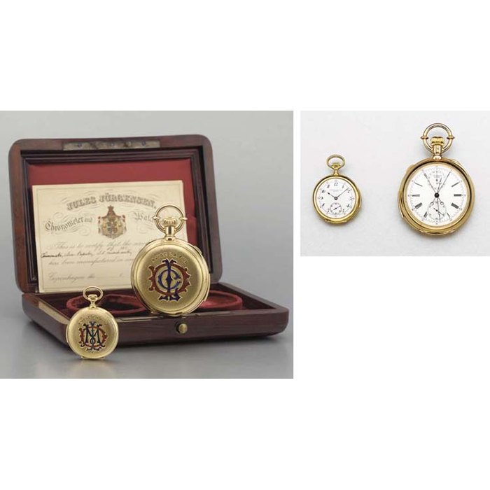 Jules Jurgensen and Patek Philippe. One 18K gold and enamel openface minute repeating split-second chronograph keyless lever watch and one fine and unusual 18K gold and enamel openface minute repeating keyless lever pendant watch THE FIRST , SIGNED JULES JURGENSEN, COPENHAGEN, NO. 15361, CIRCA 1890; THE SECOND , SIGNED PATEK PHILIPPE & CO, GENEVA, SWITZERLAND, MOVEMENT NO. 138108, CASE NO. 253460, CIRCA 1907