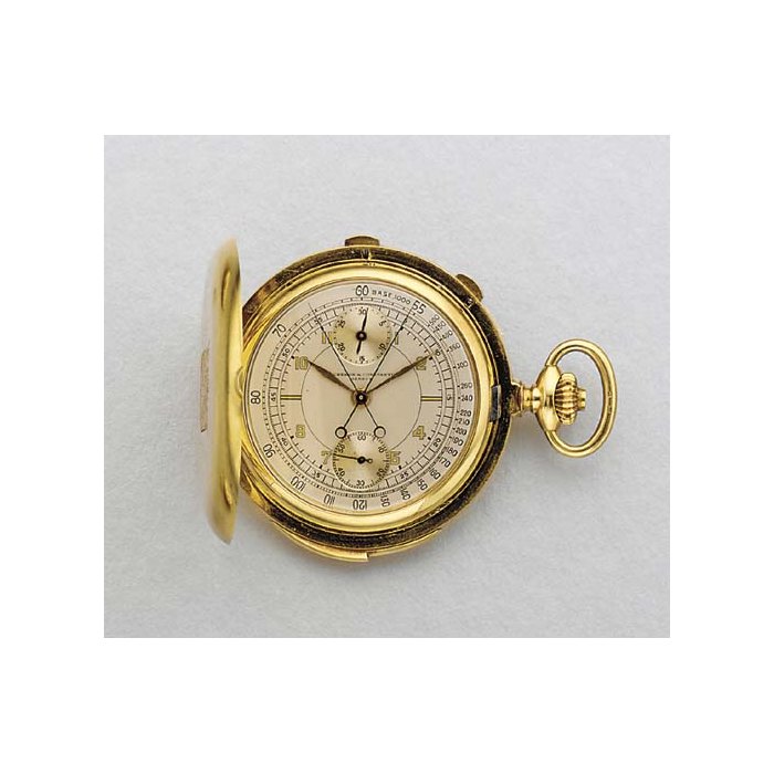Vacheron & Constantin. A fine 18K gold hunter case minute repeating split second chronograph keyless lever watch SIGNED VACHERON & CONSTANTIN, GENEVE, MOVEMENT NO. 417616, CASE NO. 258527, CIRCA 1933