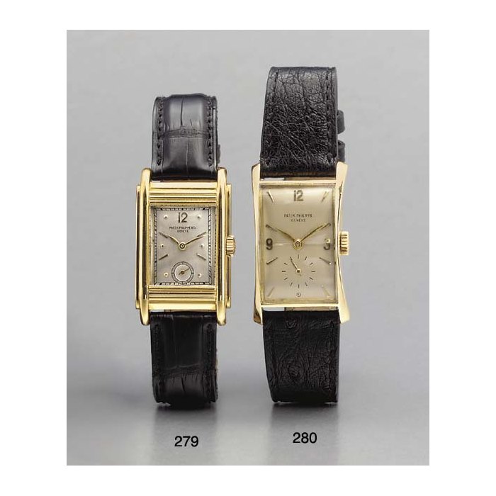Patek Philippe. A fine and unusual 18K gold curved rectangular-shaped hinged wristwatch SIGNED PATEK PHILIPPE & CO., GENEVE, MOVEMENT NO. 831148, CASE NO. 614321, CIRCA 1936