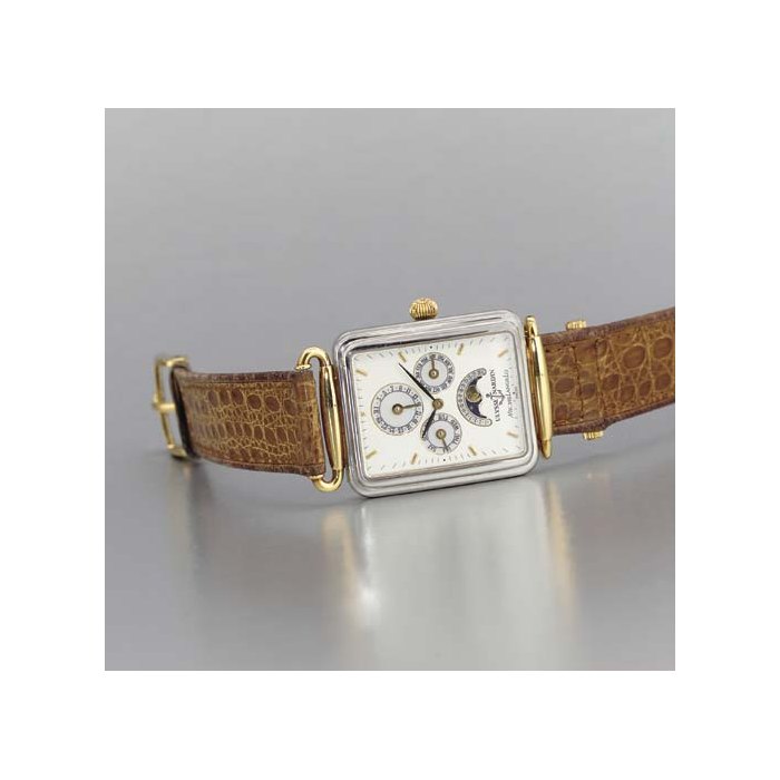Ulysse Nardin. A stainless steel, gold and mother-of-pearl rectangular-shaped self-winding triple calendar wristwatch with phases of the moon SIGNED ULYSSE NARDIN, MICHELANGELO, CIRCA 1990